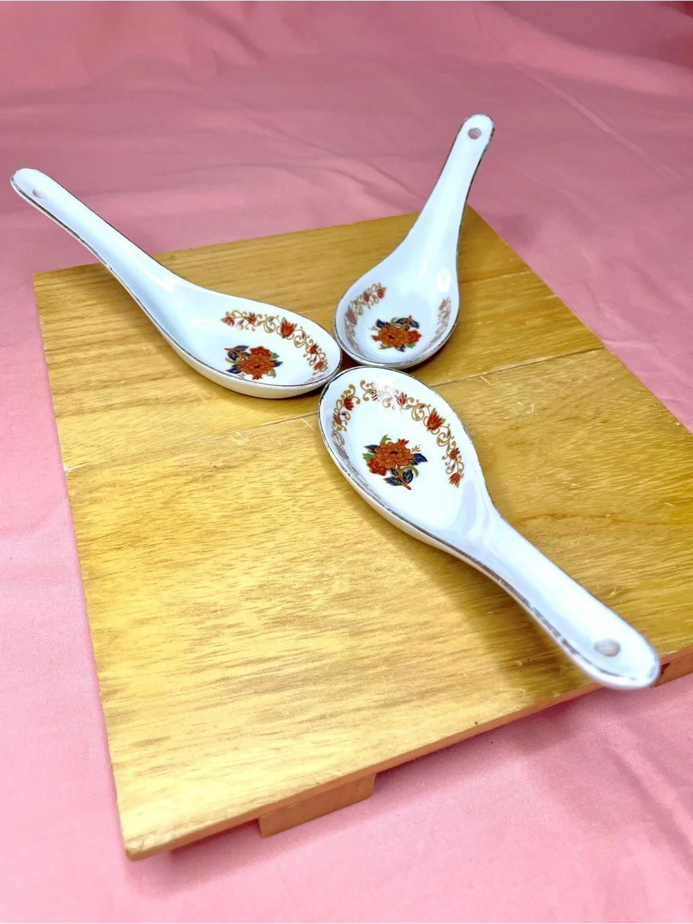 Vintage Floral Porcelain Soup Spoons - Set of 3, White with Floral Decal